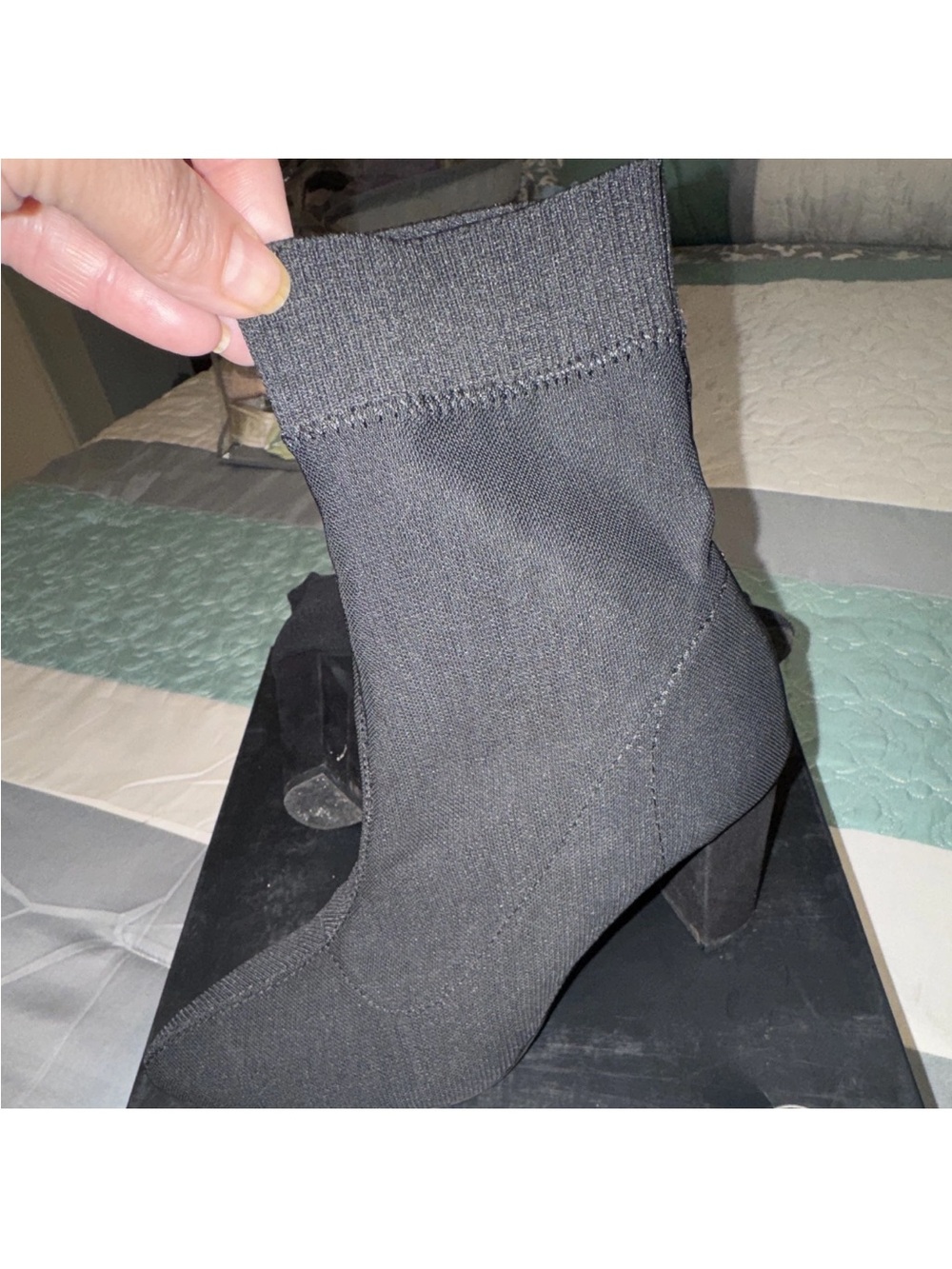 Black Stretch-Knit Ankle Boot with Block Heel